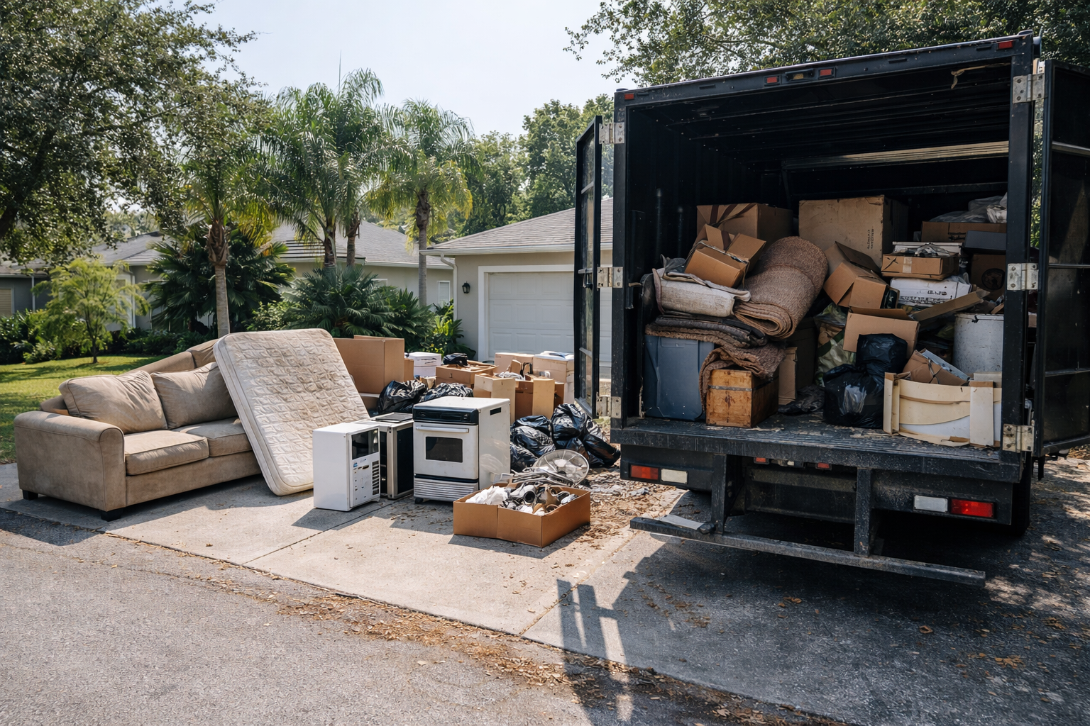 Junk removal truck loaded with furniture and appliances at a residential home