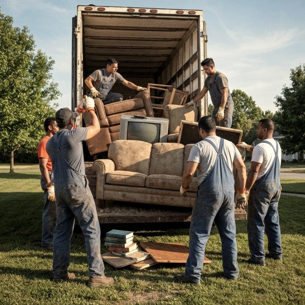 Crew carrying a sofa to a junk removal truck